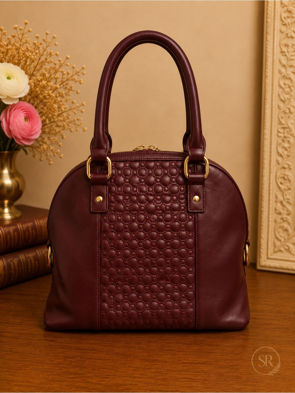 St. John Wine Leather Dome Satchel Quilted Shoulder Bag Purse - Picture 6 of 11